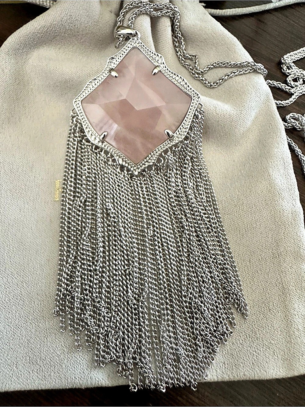 NWT Kendra Scott Kingston Long Fringe Pendant Necklace Rhodium Silver Pink